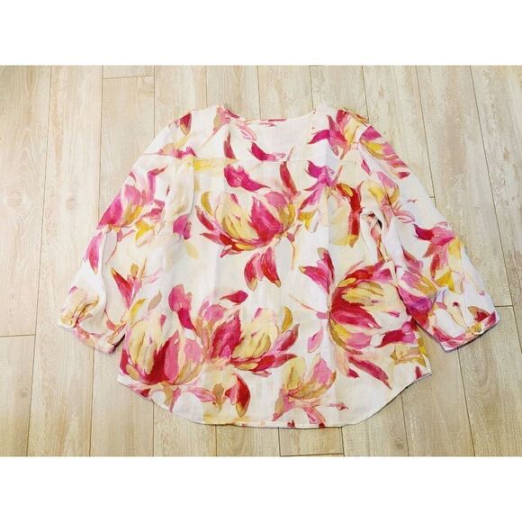 J M Collection 16 100% Linen Top Blouse Shirt White Pink Yellow Floral Button - Picture 2 of 7
